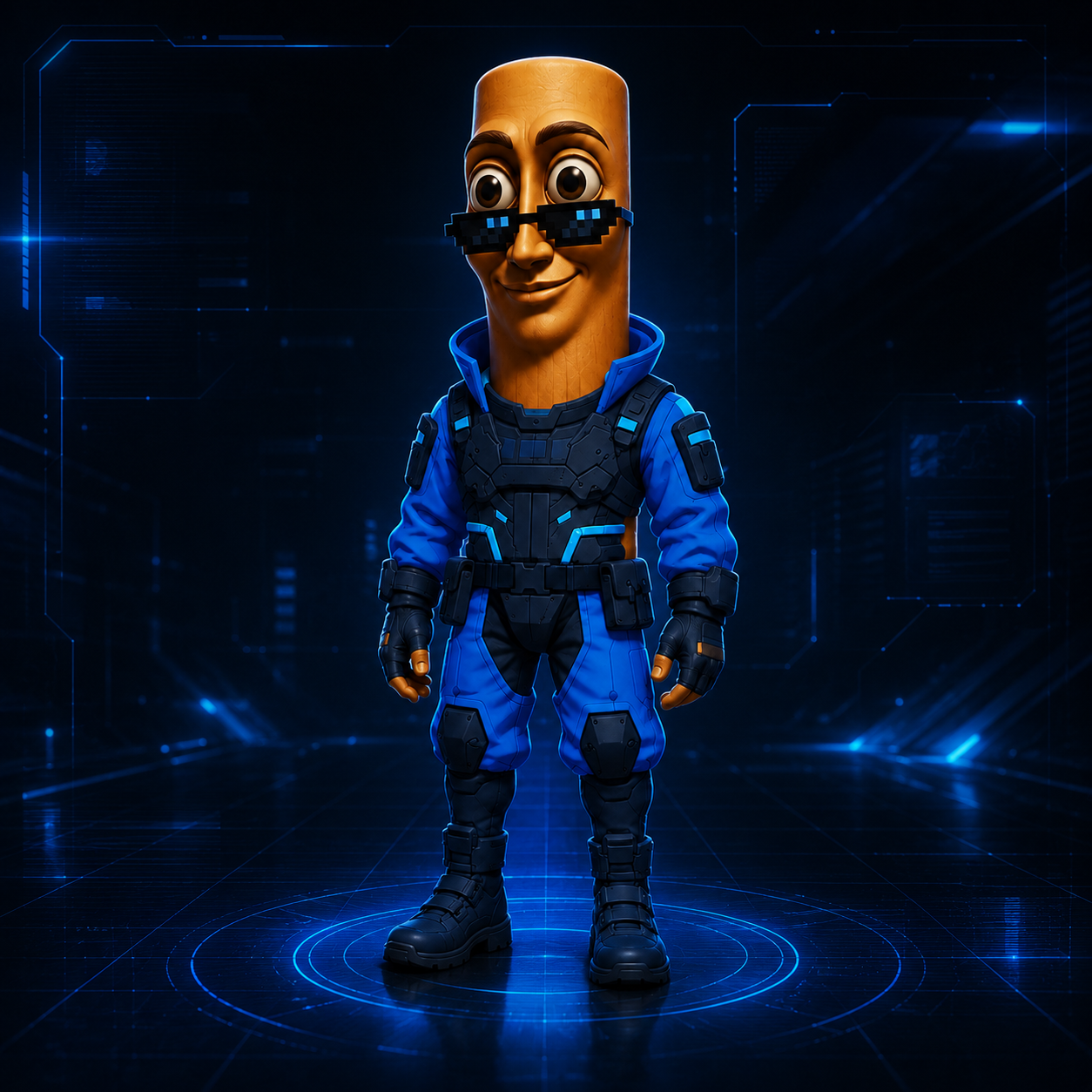 Cyber Sahur wearing a blue tactical suit and pixel sunglasses